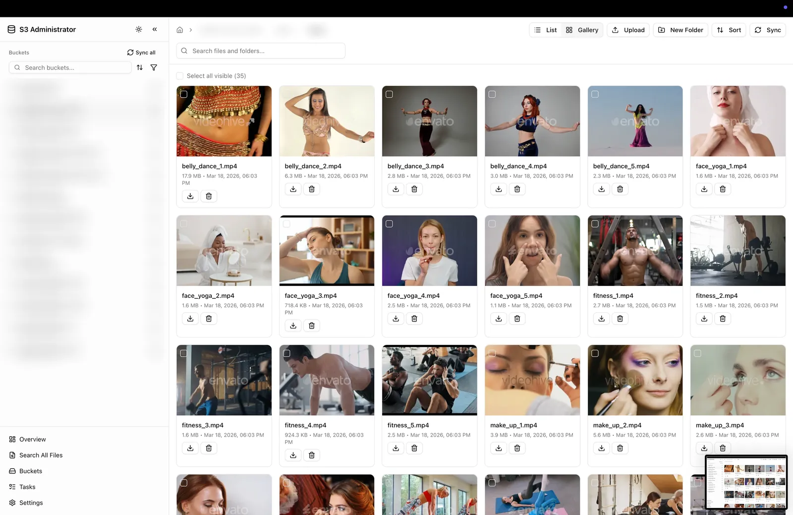 S3 Administrator gallery view showing video thumbnails across an S3 bucket